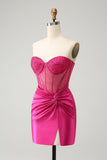 Sparkly Fuchsia Tight Beaded Corset Strapless Graduation Dress