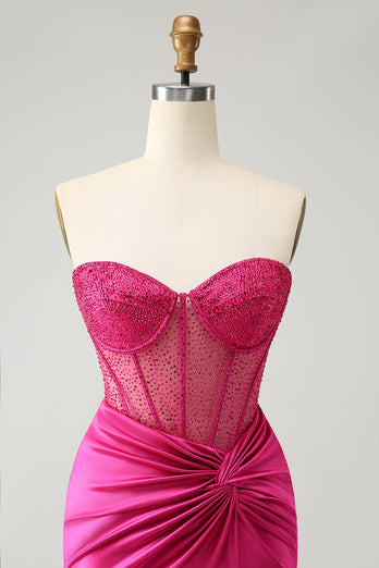 Sparkly Fuchsia Tight Beaded Corset Strapless Graduation Dress