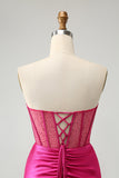 Sparkly Fuchsia Tight Beaded Corset Strapless Graduation Dress