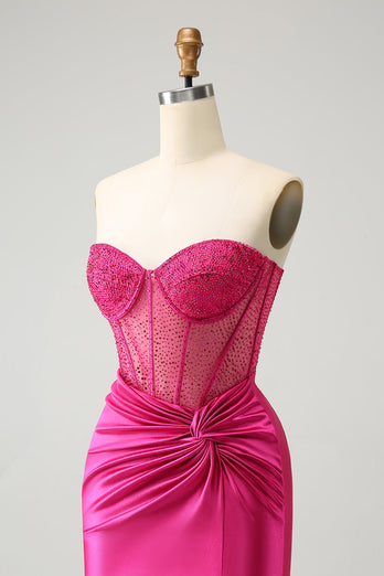 Sparkly Fuchsia Tight Beaded Corset Strapless Graduation Dress