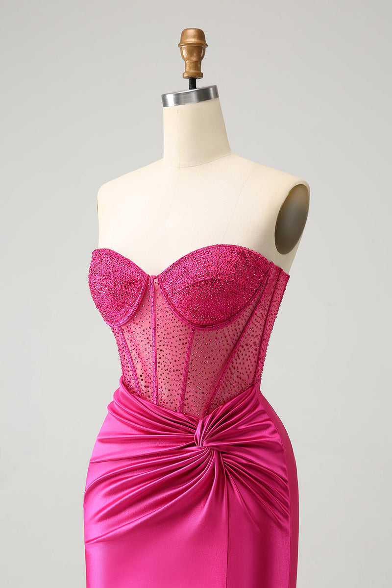 Load image into Gallery viewer, Sparkly Fuchsia Tight Beaded Corset Strapless Graduation Dress