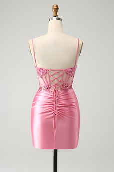 Sparkly Pink Tight Corset Spaghetti Straps Graduation Dress with Appliques