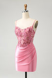 Sparkly Pink Tight Corset Spaghetti Straps Graduation Dress with Appliques