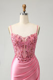 Sparkly Pink Tight Corset Spaghetti Straps Graduation Dress with Appliques