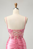 Sparkly Pink Tight Corset Spaghetti Straps Graduation Dress with Appliques