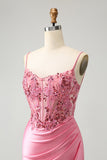 Sparkly Pink Tight Corset Spaghetti Straps Graduation Dress with Appliques