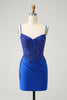 Load image into Gallery viewer, Sparkly Royal Blue Spaghetti Straps Tight Graduation Dress with Beading