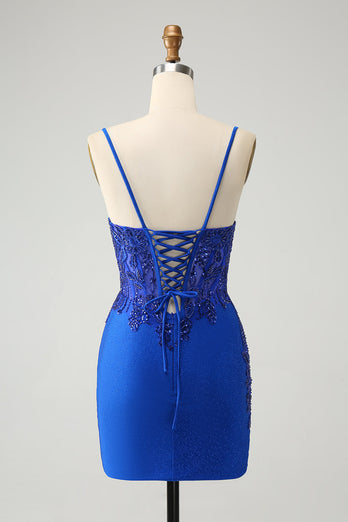 Sparkly Royal Blue Spaghetti Straps Tight Graduation Dress with Beading