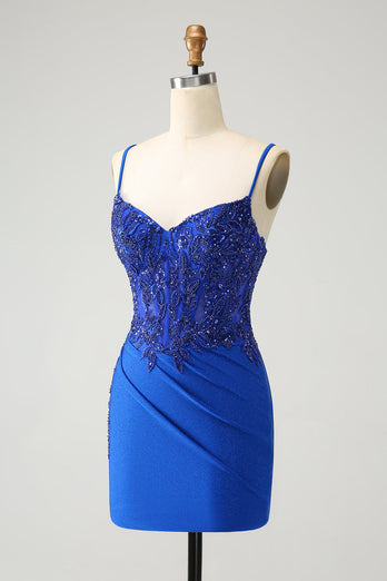 Sparkly Royal Blue Spaghetti Straps Tight Graduation Dress with Beading