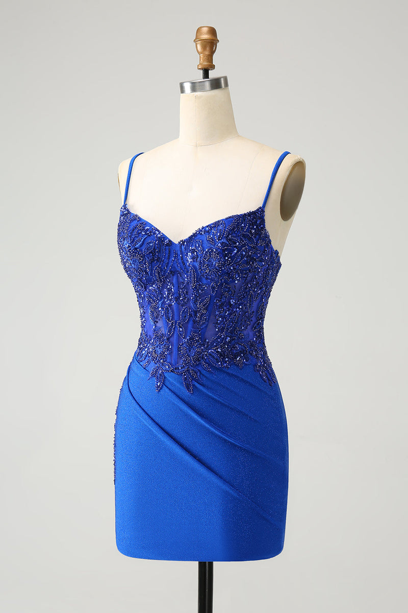 Load image into Gallery viewer, Sparkly Royal Blue Spaghetti Straps Tight Graduation Dress with Beading