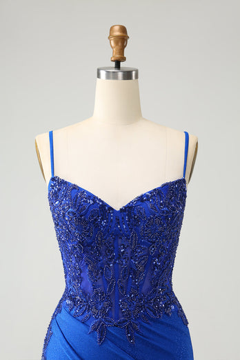 Sparkly Royal Blue Spaghetti Straps Tight Graduation Dress with Beading