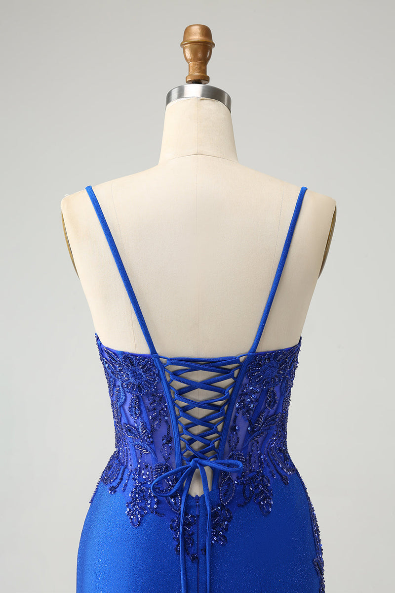 Load image into Gallery viewer, Sparkly Royal Blue Spaghetti Straps Tight Graduation Dress with Beading