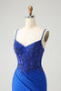 Load image into Gallery viewer, Sparkly Royal Blue Spaghetti Straps Tight Graduation Dress with Beading