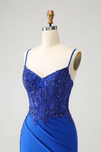 Sparkly Royal Blue Spaghetti Straps Tight Graduation Dress with Beading