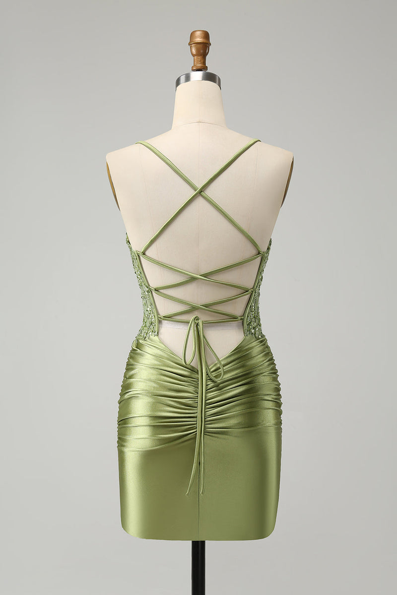 Load image into Gallery viewer, Sparkly Light Green Tight Spaghetti Straps Graduation Dress with Appliques