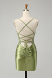 Sparkly Light Green Tight Spaghetti Straps Graduation Dress with Appliques