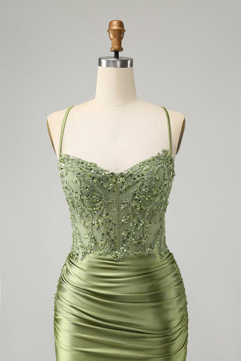 Sparkly Light Green Tight Spaghetti Straps Graduation Dress with Appliques