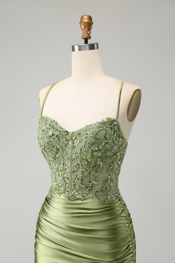 Sparkly Light Green Tight Spaghetti Straps Graduation Dress with Appliques