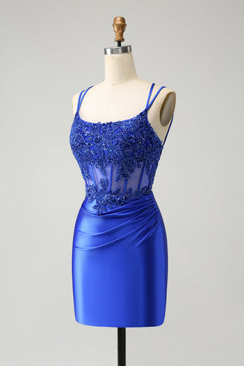 Royal Blue Corset Spaghetti Straps Tight Graduation Dress