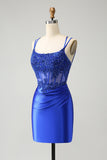 Royal Blue Corset Spaghetti Straps Tight Graduation Dress