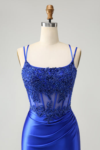 Royal Blue Corset Spaghetti Straps Tight Graduation Dress