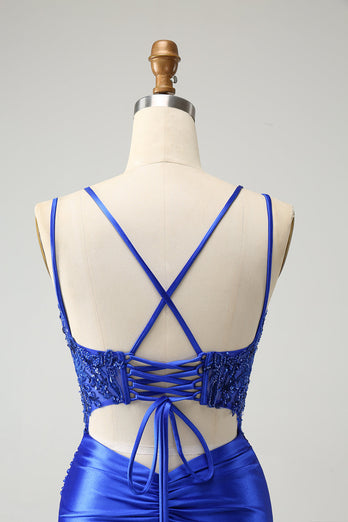 Royal Blue Corset Spaghetti Straps Tight Graduation Dress