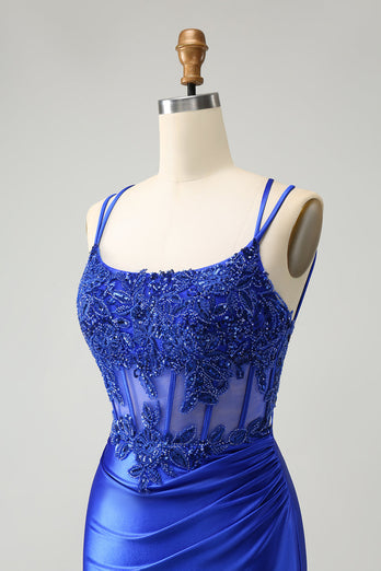 Royal Blue Corset Spaghetti Straps Tight Graduation Dress