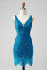 Load image into Gallery viewer, Sparkly Dark Blue Bodycon V Neck Sequin Short Graduation Dress with Tassel