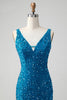 Load image into Gallery viewer, Sparkly Sage Bodycon V Neck Sequin Short Graduation Dress with Tassel