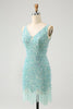 Load image into Gallery viewer, Sparkly Sage Bodycon V Neck Sequin Short Graduation Dress with Tassel