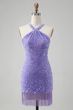 Sparkly Lilac Bodycon Halter Tassel Short Graduation Dress with Sequins