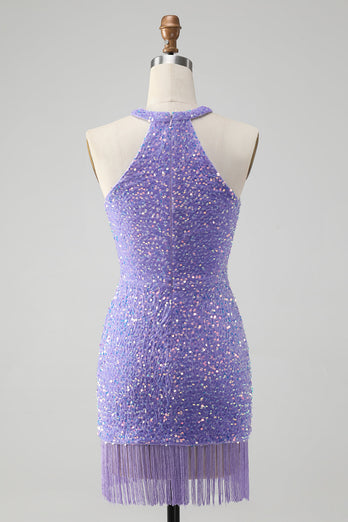 Sparkly Lilac Bodycon Halter Tassel Short Graduation Dress with Sequins