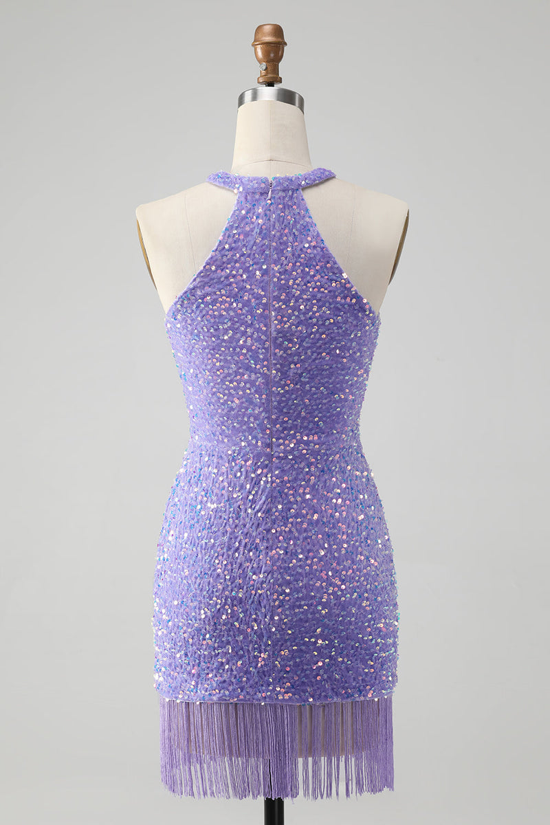 Load image into Gallery viewer, Sparkly Lilac Bodycon Halter Tassel Short Graduation Dress with Sequins