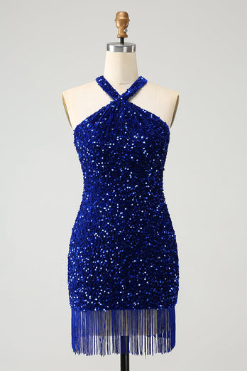 Sparkly Royal Blue Bodycon Halter Sequin Short Graduation Dress with Tassel