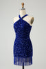 Load image into Gallery viewer, Sparkly Royal Blue Bodycon Halter Sequin Short Graduation Dress with Tassel