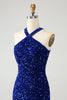 Load image into Gallery viewer, Sparkly Royal Blue Bodycon Halter Sequin Short Graduation Dress with Tassel