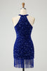 Load image into Gallery viewer, Sparkly Lilac Bodycon Halter Tassel Short Graduation Dress with Sequins