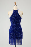 Sparkly Royal Blue Bodycon Halter Sequin Short Graduation Dress with Tassel