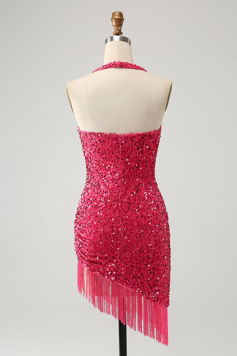 Load image into Gallery viewer, Sparkly Fuchsia Sequins Halter Asymmetrical Short Graduation Dress with Tassels