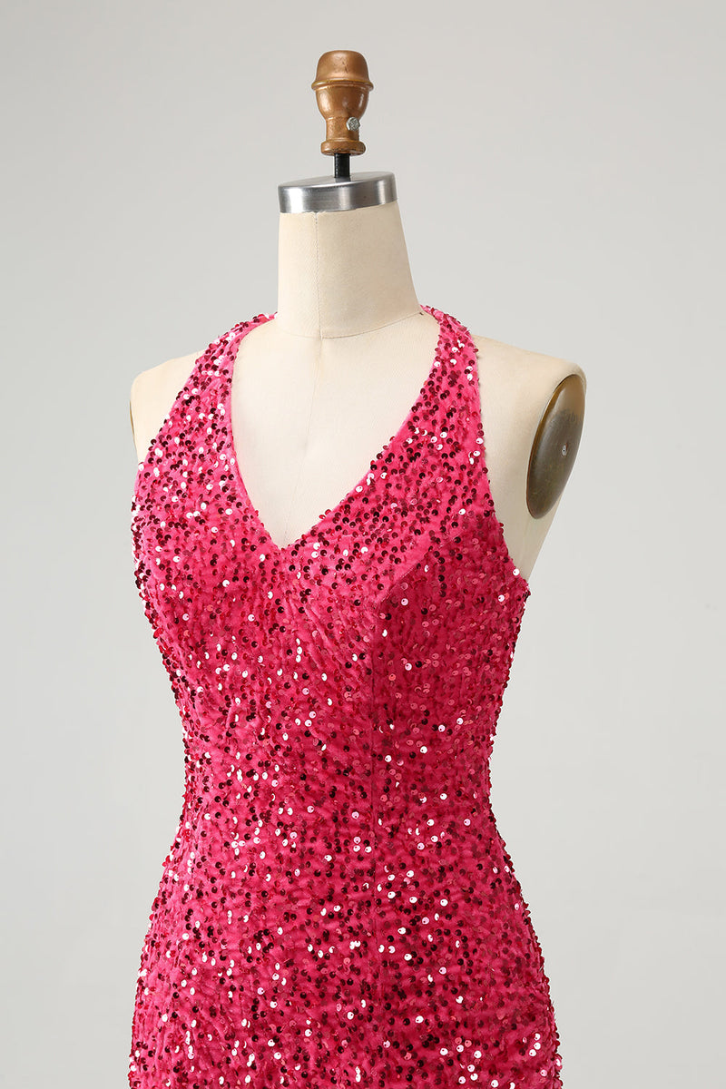 Load image into Gallery viewer, Sparkly Fuchsia Sequins Halter Asymmetrical Short Graduation Dress with Tassels