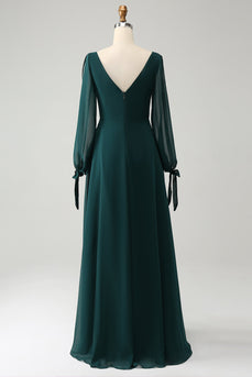 A Line Dark Green Bateau Neck Chiffon Long Sleeves Bridesmaid Dress with Slit