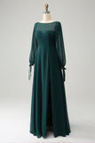 A Line Dark Green Bateau Neck Chiffon Long Sleeves Bridesmaid Dress with Slit