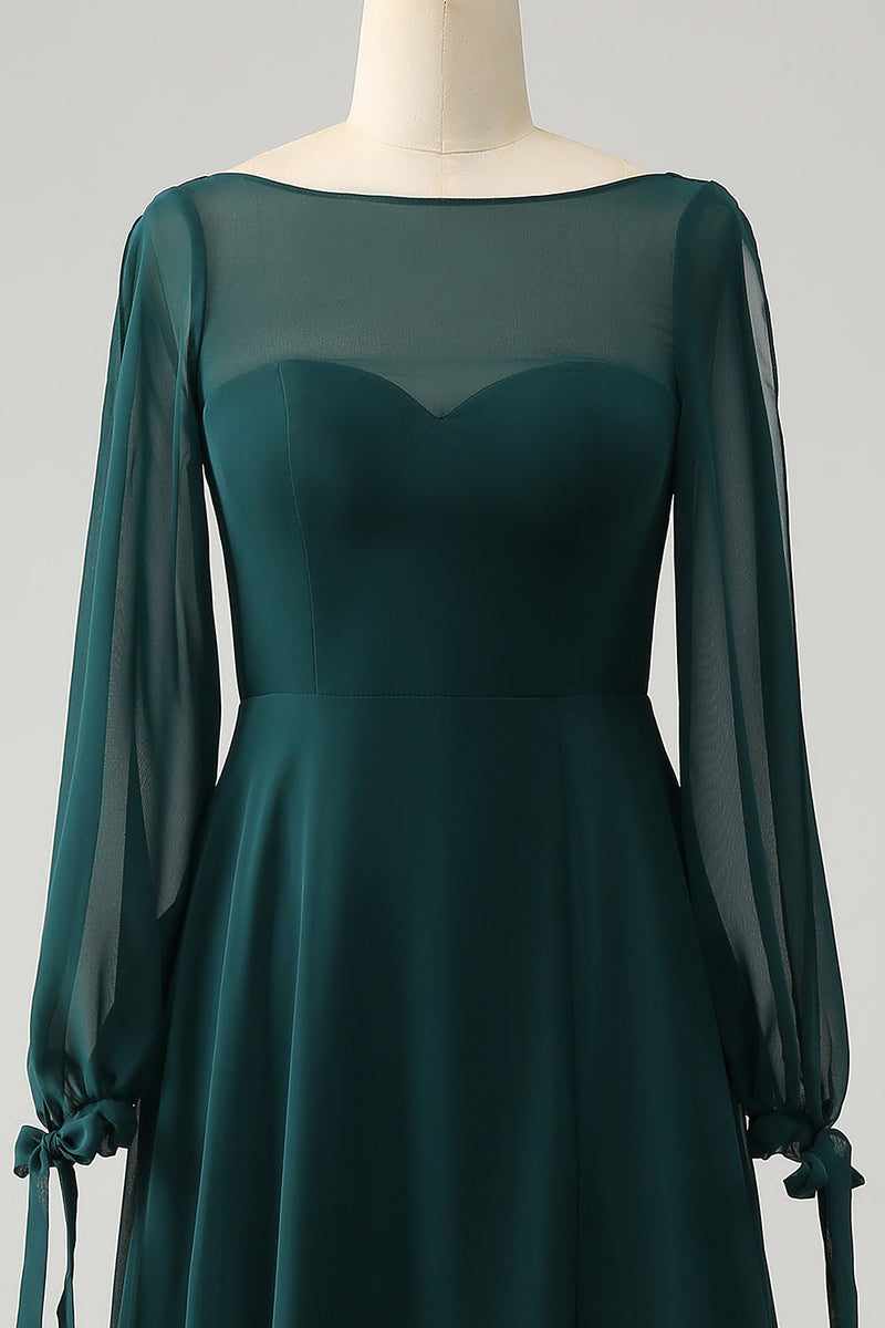 Load image into Gallery viewer, A Line Dark Green Bateau Neck Chiffon Long Sleeves Bridesmaid Dress with Slit