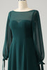 Load image into Gallery viewer, A Line Dark Green Bateau Neck Chiffon Long Sleeves Bridesmaid Dress with Slit