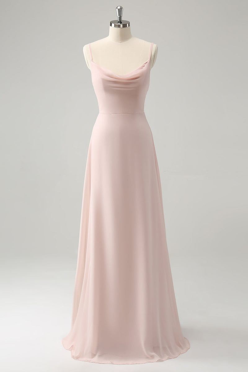 Load image into Gallery viewer, Pink Spaghetti Straps Cowl Neck Chiffon Bridesmaid Dress