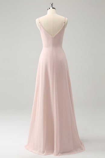 Pink Spaghetti Straps Cowl Neck Chiffon Bridesmaid Dress