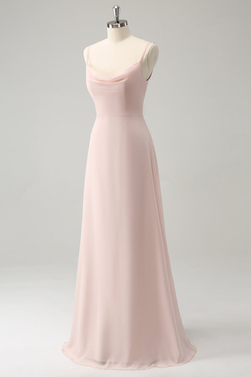 Load image into Gallery viewer, Pink Spaghetti Straps Cowl Neck Chiffon Bridesmaid Dress