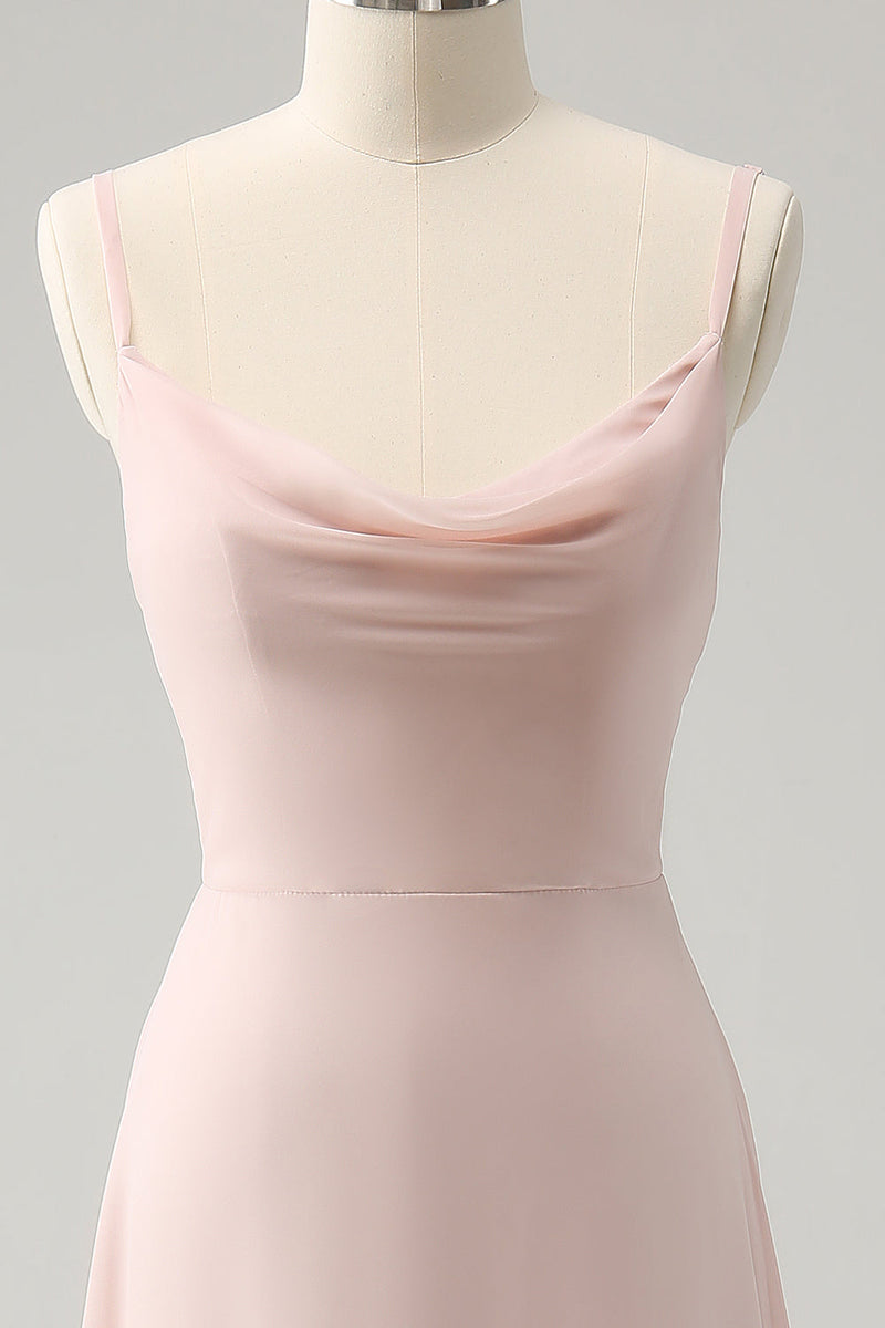 Load image into Gallery viewer, Pink Spaghetti Straps Cowl Neck Chiffon Bridesmaid Dress