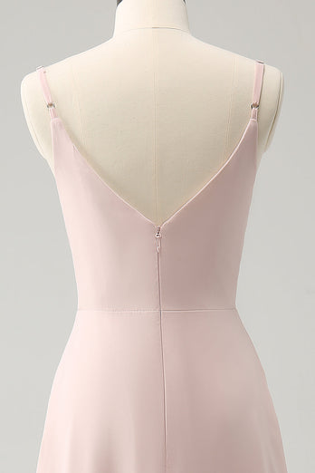 Pink Spaghetti Straps Cowl Neck Chiffon Bridesmaid Dress