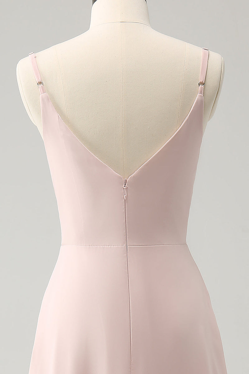 Load image into Gallery viewer, Pink Spaghetti Straps Cowl Neck Chiffon Bridesmaid Dress